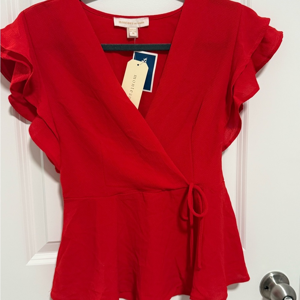 Bobeau Red Ruffle Sleeve Blouse